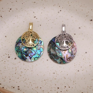 Gold/Silver Plated Abalone shell tree of life pendant, Round Charms, For Jewelry Findings
