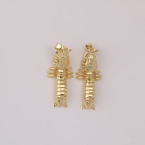 Puede incluir: Dos colgantes de metal en tono dorado con forma de langostas o crustáceos. Cada colgante presenta un cuerpo segmentado detallado, múltiples patas y una pequeña anilla en la parte superior para su fijación. La superficie tiene un acabado pulido.
