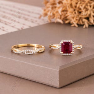 3 karat Asscherslipad rubinring med tvinnad vigselring, förlovningsringset, 925 sterlingsilver, 14 karat guldfinish, brudringset för kvinnor