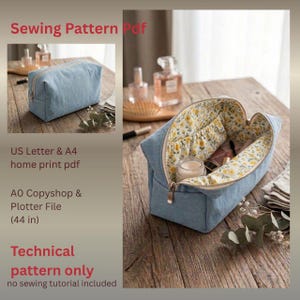 May include: A light blue denim-style fabric pouch with a zipper closure and a yellow floral print interior lining. The text reads: Sewing Pattern Pdf, US Letter & A4 home print pdf, AO Copyshop & Plotter File (44 in), Technical pattern only.