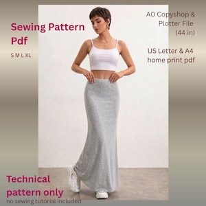 Könnte beinhalten: Ein Nähschnittmuster-PDF für einen langen, grauen Rock. Der Text lautet: Sewing Pattern Pdf, S M L XL, AO Copyshop & Plotter File (44 in), US Letter & A4 home print pdf, Technical pattern only, no sewing tutorial included.