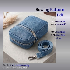May include: A blue denim crossbody bag with a zippered main compartment and a matching detachable strap. Text reads: Sewing Pattern Pdf, US Letter & A4 home print pdf, A0 Copyshop & Plotter File (44 in), Technical pattern only no sewing tutorial included.