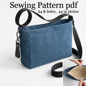 May include: A blue denim crossbody bag with a black strap and handle. The bag has a rectangular shape and a zip closure. The text "Sewing Pattern pdf" is at the top of the image.