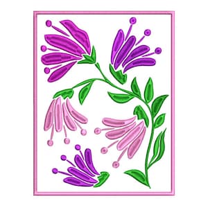May include: Embroidered floral design featuring purple and pink flowers with green leaves and stems. The design is framed by a pink border, set against a white background. This floral embroidery is suitable for various craft projects.