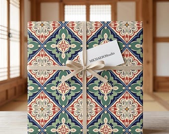 Papel de regalo con diseño de azulejos coreanos Dancheong, papel de regalo con patrón tradicional coreano, diseño floral geométrico ornamental