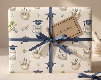 Papel de regalo para graduación de farmacia, papel de regalo con diseño botánico en acuarela para graduados de farmacia.