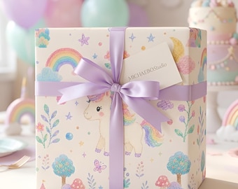 Papel de regalo de unicornio arcoíris en tonos pastel, envoltorio de regalo de cuento de hadas caprichoso