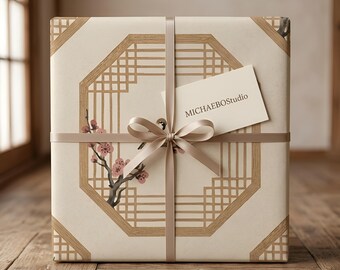 Koreanisches Hanok-Fenstergeschenkpapier, Vogel- und Blumenmotiv, minimalistisches koreanisches Design