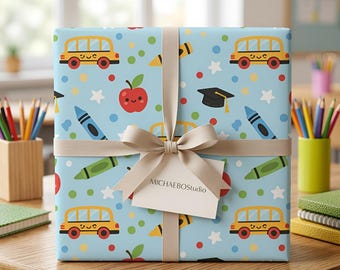 Papier cadeau de remise des diplômes pour enfants, autobus scolaire, crayons de couleur, motifs pommes