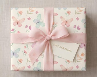 Papel de regalo con mariposas en acuarela pastel, delicado papel de regalo floral