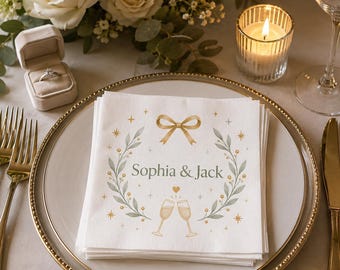 Servilleta de boda personalizada: nombre de la pareja, diseño de brindis con champán dorado, servilleta para fiesta de compromiso.