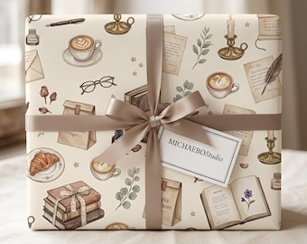 Papel de regalo estilo Dark Academia / Papel de regalo con libros vintage, café y rosas
