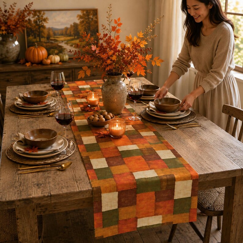 K&ouml;nnte beinhalten: Ein rechteckiger Tischl&auml;ufer mit einem Patchwork-Muster aus Quadraten in Orange-, Braun-, Gr&uuml;n- und Cremet&ouml;nen. Der L&auml;ufer liegt auf einem h&ouml;lzernen Esstisch, der mit Keramikschalen, Weingl&auml;sern, Kerzen und einer Vase mit Herbstlaub gedeckt ist.