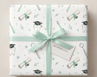 Papel de regalo para graduación dental / Envoltura de regalo con birretes, dientes y diplomas
