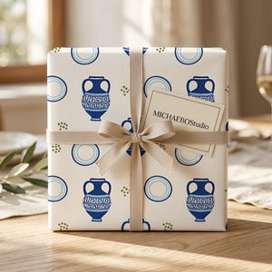 Griechische Amphore Geschenkpapier, Geschenkpapier mit blauem Meander-Muster, mediterran inspirierte Kunst