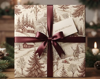 Vintage French Country Toile Wrapping Paper, Rustic Winter Village Scene, Christmas Gift Wrap