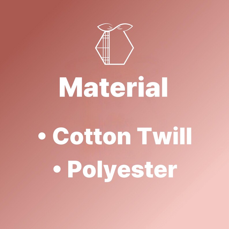 K&ouml;nnte beinhalten: Eine Grafik auf einem altrosa Hintergrund mit einem wei&szlig;en Linien-Icon eines Sechsecks mit Blatt-Symbol oben. Der Text lautet Material, gefolgt von einer Aufz&auml;hlung mit Cotton Twill und Polyester. Das Design ist zentriert mit wei&szlig;er Schrift.
