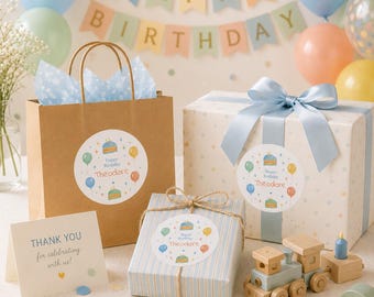 Pegatina personalizada de cumpleaños con nombre en acuarela / Etiqueta redonda de vinilo para recuerdos de fiesta