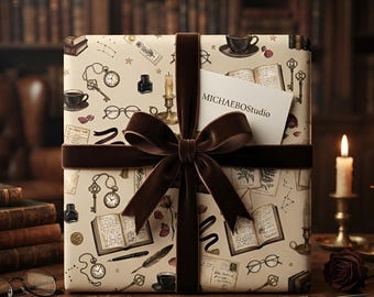Papel de regalo estilo Dark Academia / Papel de regalo con estampado de libros literarios vintage