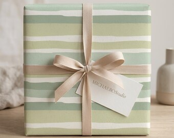 Korean Paper Texture Wrapping Paper, Minimal Green Stripe Gift Wrap, Hanji Inspired Design