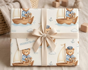 Papel de regalo náutico para bebé / Osos marineros, veleros, tema acuarela