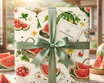 Papel de regalo con diseño de sandía, ideal para picnics de verano, con estampado de frutas en acuarela para cumpleaños y artículos para fiestas.