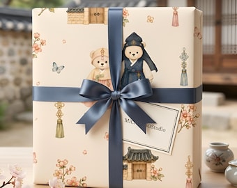 Geschenkpapier mit koreanischem Hanbok-Bärenmotiv | Florales Hanok-Geschenkpapier