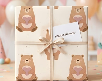 Papel de regalo con forma de corazón de osito de peluche, papel de regalo con ositos caprichosos, baby shower, San Valentín