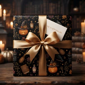 Witchy Halloween Wrapping Paper | Vintage Black Cats, Pumpkins, Haunted Houses (Matte/Glossy)