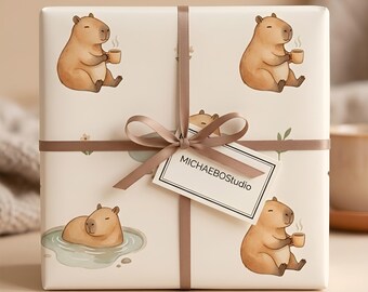 Papel de regalo con acuarela de capibara, acogedor regalo para amantes del té con temática animal.