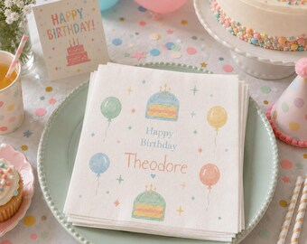 Servilleta de cumpleaños personalizada con diseño de globo y pastel en acuarela, artículos para fiestas infantiles.