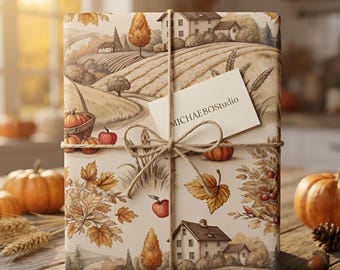 Papel de embrulho com tema de colheita de outono, abóbora aconchegante estilo casa de campo, papel de presente estilo cottagecore.