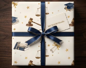Graduation Wrapping Paper, Law School Gift Wrap, Watercolor Scales Gavel Books