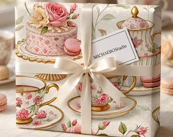 Papel de regalo vintage para fiestas de té, papel de regalo con estampado floral estilo cottagecore para tazas de té, rosas estilo shabby chic.