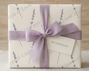 Custom Wedding Wrapping Paper, Personalized Lavender Gift Wrap with Names & Date, Botanical Couples Packaging