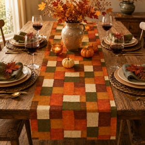 May include: A rectangular table runner featuring a patchwork pattern of orange, brown, cream, and olive green squares. The runner is centered on a wooden table set with plates, wine glasses, napkins, small pumpkins, and a central vase of foliage.