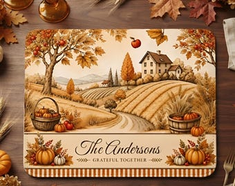 Mantel individual de cuero personalizado estilo granja, decoración de Acción de Gracias con nombre familiar personalizado