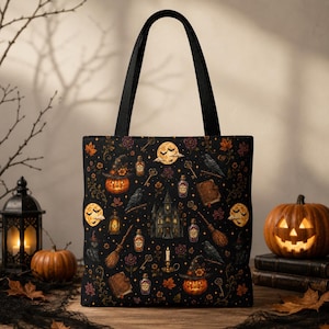 Bolso de mano de Halloween con temática de brujas / Gato negro, calabazas de Halloween, diseño otoñal de casa embrujada