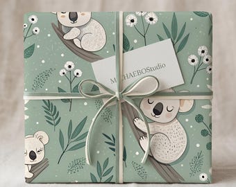 Papel de regalo con diseño de koala dormilón, papel de regalo para baby shower con temática de bosque, papel de regalo con diseño de eucalipto para amantes de la naturaleza.