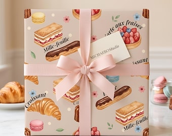 Watercolor French Pastry Wrapping Paper | Dessert Gift Wrap for Foodies, Bakers