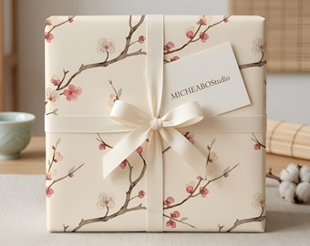 Geschenkpapier mit Pflaumenblütenmuster, koreanisches Tuscheblumenmuster, elegantes Frühlingsgeschenkpapier