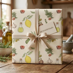Papel de regalo mediterráneo con limón, aceituna, higo y romero, papel de regalo rústico botánico para cocina.