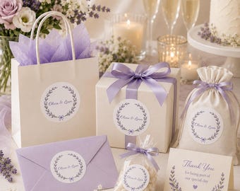 Pegatina personalizada de corona de lavanda con nombres personalizados / Calcomanía botánica para parejas, regalo ideal para compromiso, boda o aniversario.