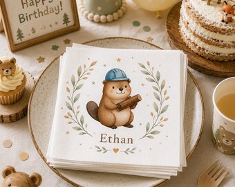 Woodland Beaver with Helmet napkins | Personalized Name Paper Napkin