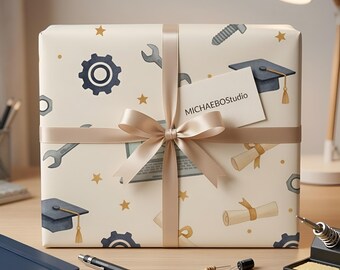 Papel de regalo para graduación STEM, envoltorio de regalo para ingenieros de informática, embalaje para diplomas de estudiantes de tecnología.