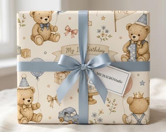 Papel de regalo para el primer cumpleaños del bebé / Papel de regalo con diseño de osito de peluche en acuarela