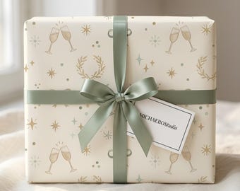 Elegant Celebration Wrapping Paper, Champagne Flutes Wreaths, Watercolor Gift Wrap