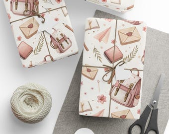 Whimsical School Supplies Wrapping Paper, Light Academia Teacher Gift Wrap, Cute Student Birthday Paper