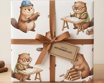 Papel de regalo con diseño de castor del bosque, papel de regalo con temática de animales constructores, regalo con temática de la naturaleza.