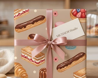 Carta da regalo francese per pasticceria / Croissant, éclair e macarons con effetto acquerello